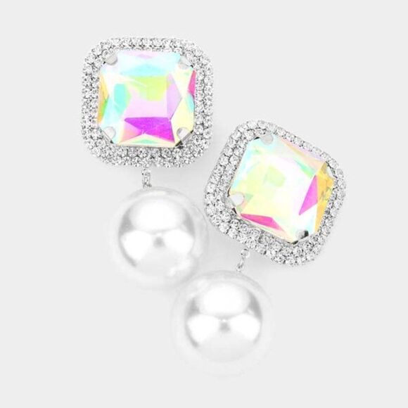 Square Aurora Borealis Stone Pearl Silver Clip on Earrings - Picture 1 of 5